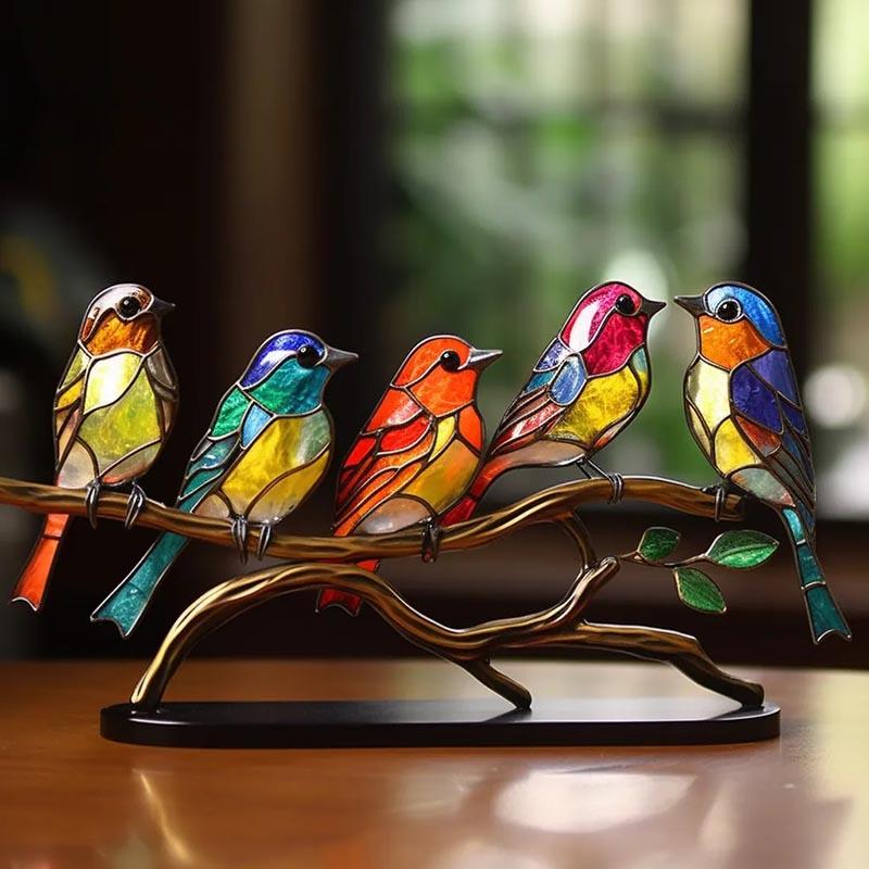 Stained Birds on Branch Desktop Ornaments