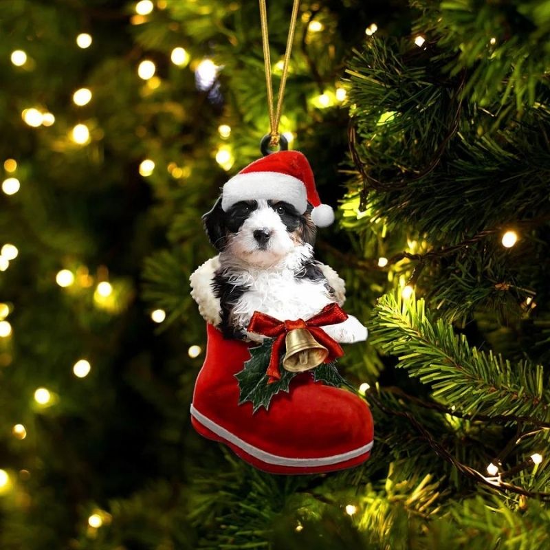 Bernedoodle In Santa Boot Christmas Hanging Ornament SB002