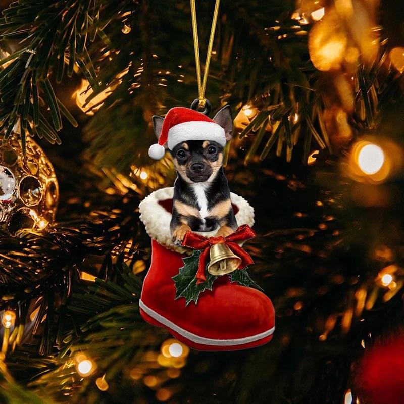 Chihuahua Black In Santa Boot Christmas Hanging Ornament SB049