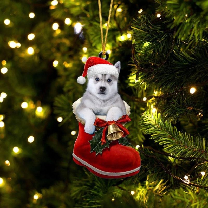 Siberian Husky In Santa Boot Christmas Hanging Ornament SB124