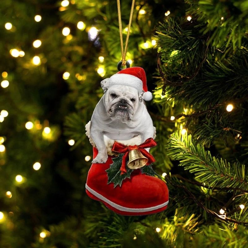 English Bulldog White In Santa Boot Christmas Hanging Ornament SB183