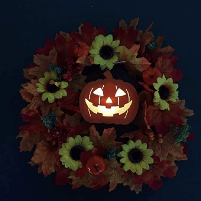 Glowing Pumpkin Wreath Door Decoration Hanging Wreath